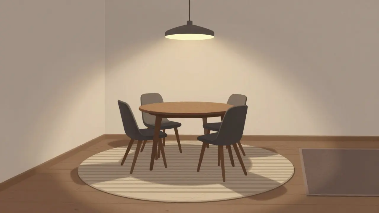 Kruhový koberec pod jídelním stolem s osvětlením nad ním, vytvářející jasnou jídelní zónu.