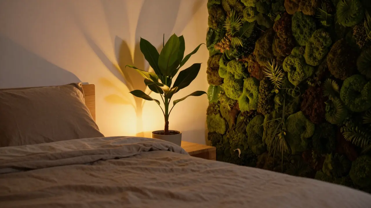 Ložnice v soumraku s rostlinou, dřevěným nočním stolekem a mechovým obrazem.
