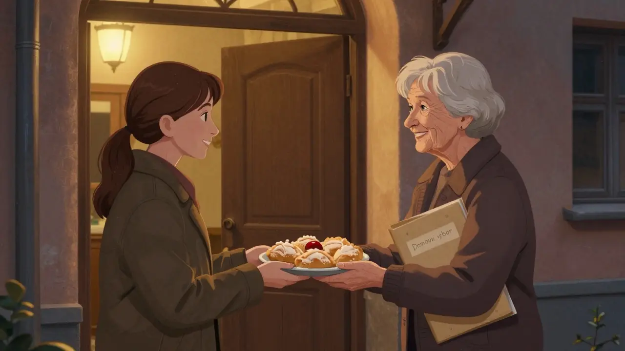 Nový soused dostává pečivo od starší ženy při vstupu do domu.