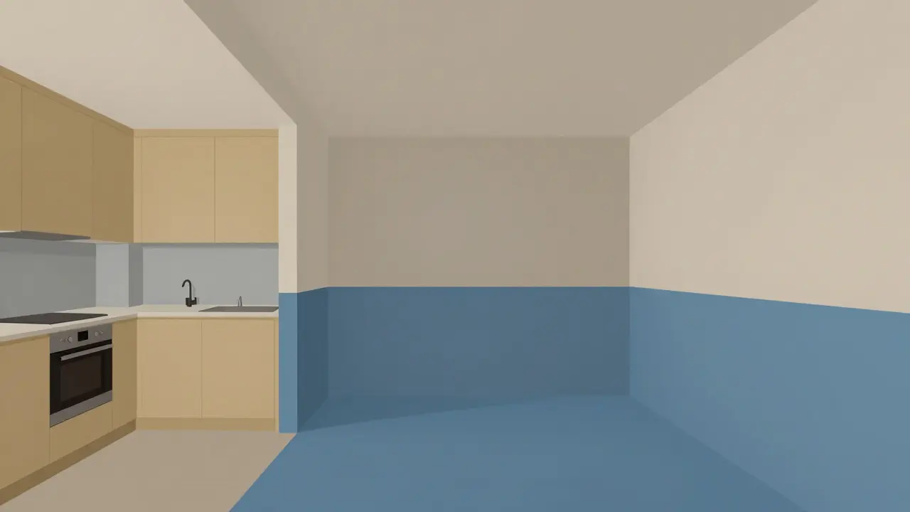 Otevřený byt s horizontálními barevnými bloky oddělujícími kuchyni od obývacího prostoru.