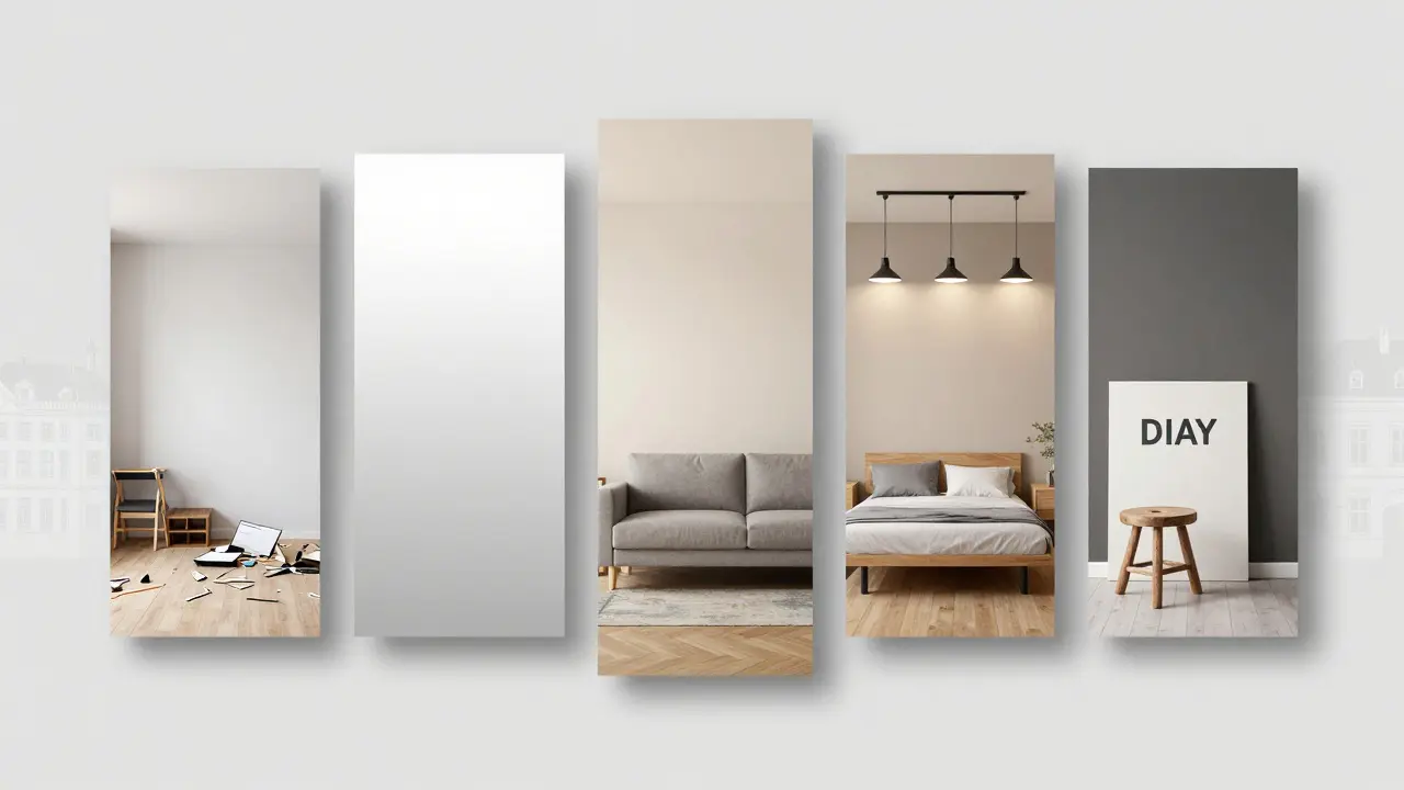 Pět vizuálních principů rozpočtového designu: minimalismus, barva, osvětlení, multifunkční nábytek a DIY dekorace.