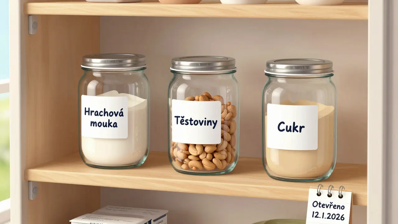 Průhledné nádoby s etiketami a FIFO systémem v uspořádané spíži.