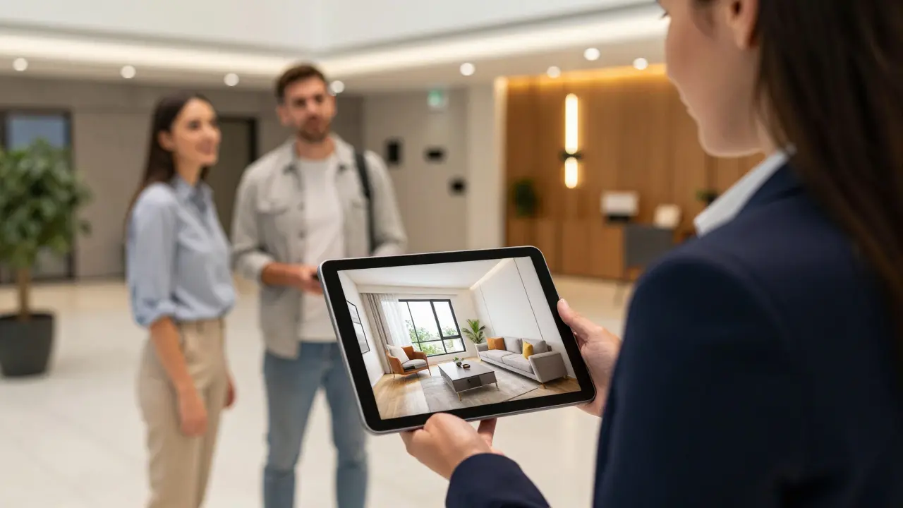 Realitní makléř ukazuje virtuální prohlídku bytu zákazníkům v lobby budovy.