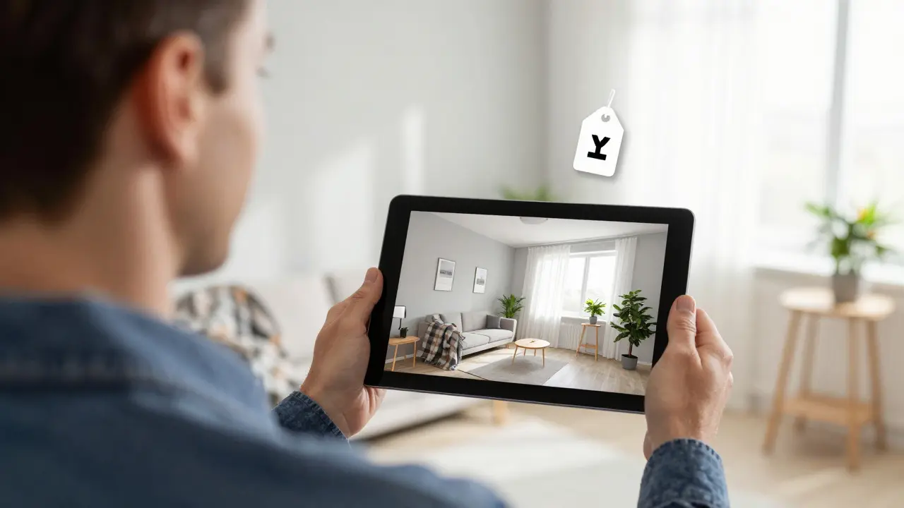 Realitní zprostředkovatel ukazuje na tabletu virtuální představu přestavěného bytu, za ním skutečně připravený prostor.