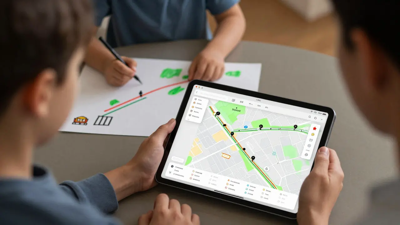 Rodič se dívá na tablet s mapou škol a bezpečných tras, dítě kreslí cestu do školy na papíře.