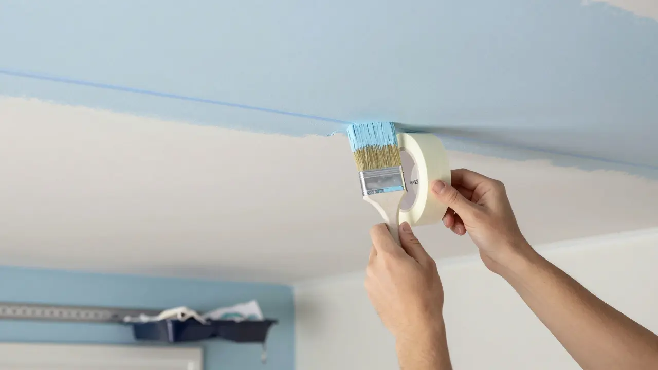 Ruce s malířskou páskou a štětcem při aplikaci pruhu na stropě v malém pokoji.