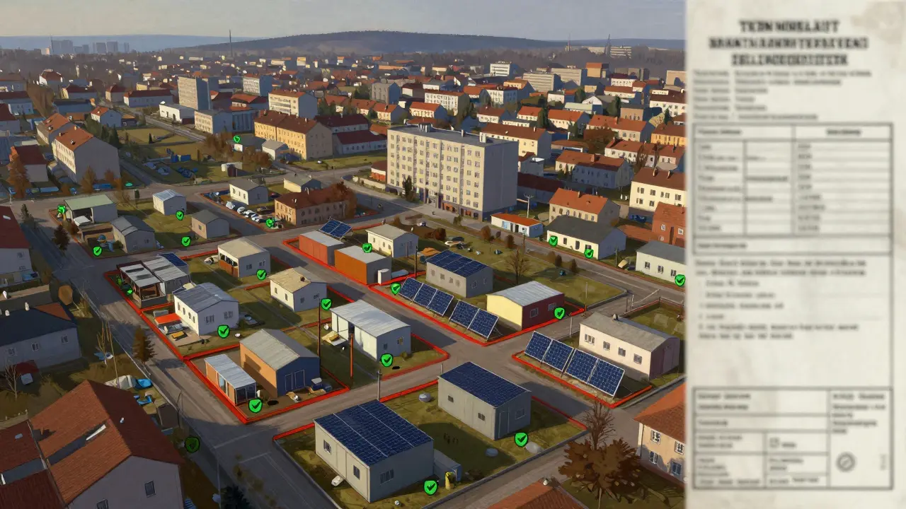 Skupina legálních dočasných staveb na zahradách s solárními panely, označených jako soulad s pravidly.