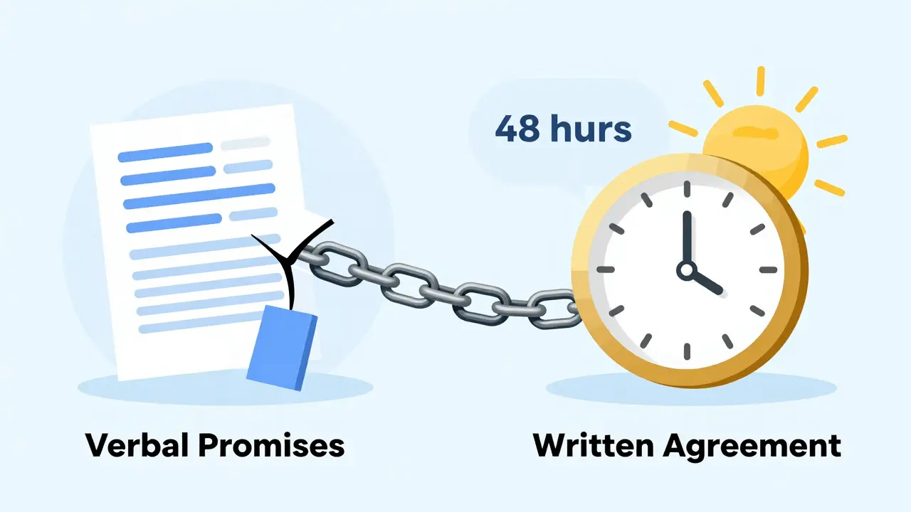 Symbolický obraz nahrazující ústní sliby písemnou smlouvou.