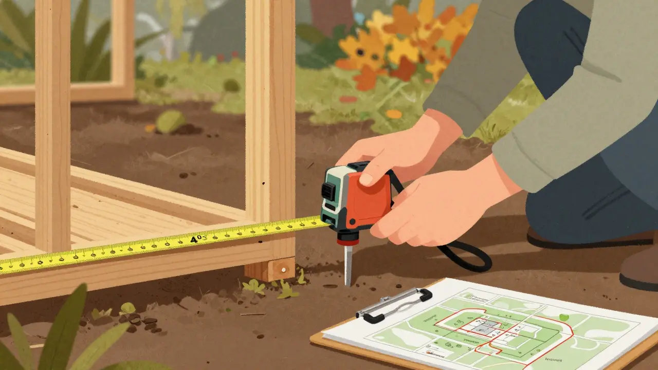 Vlastník měří vzdálenost od hranice pozemku laserovým měřidlem při stavbě dočasné stavby.