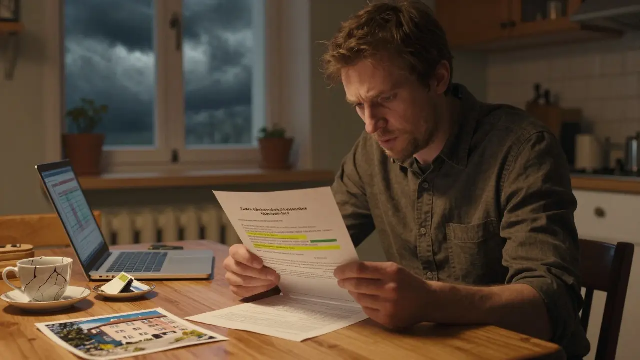 Vlastník pronajaté nemovitosti prohlíží pojistnou smlouvu u kuchyňského stolu.