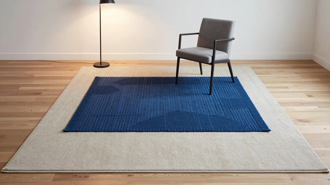 Vrstvené koberce v malém bytě: velký neutrální s menším texturovaným nahoře, vytvářející hloubku.