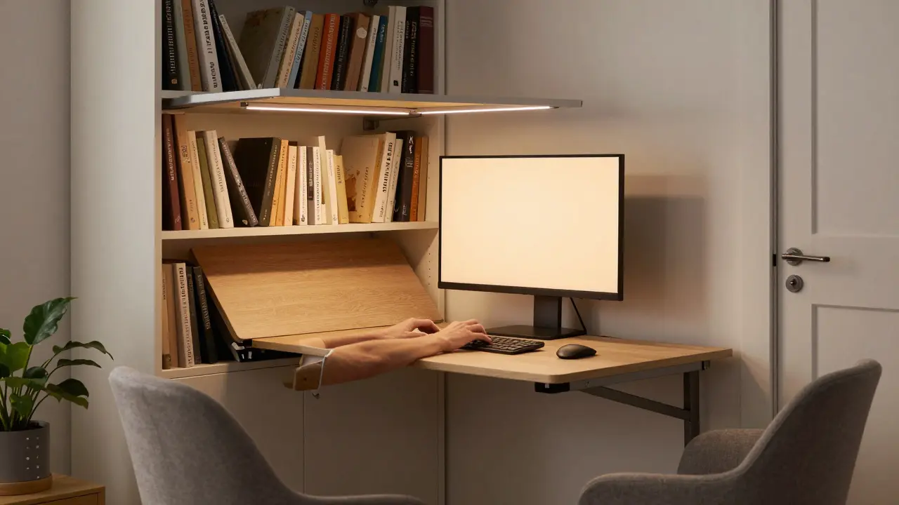 Základní pracovní místo ve skříni s otevřeným výklopným stolem a člověkem za klávesnicí.