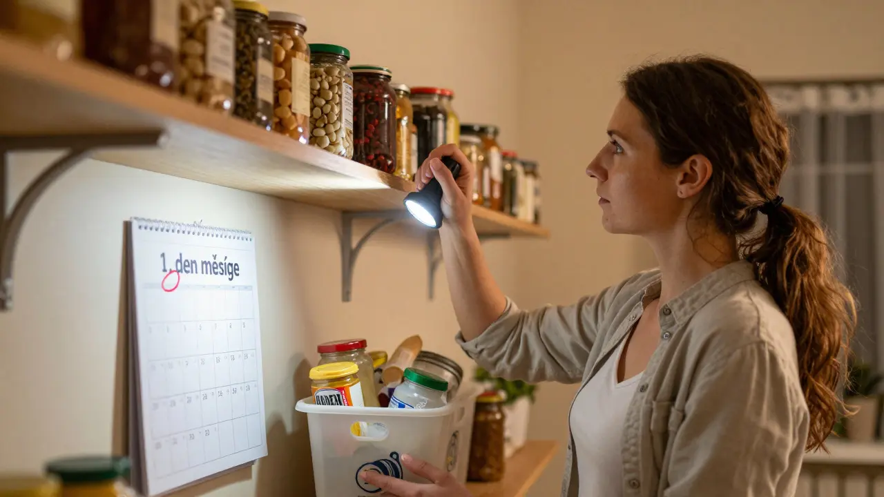 Žena kontroly spíže v prvním dni měsíce s vyhazovanými potravinami.