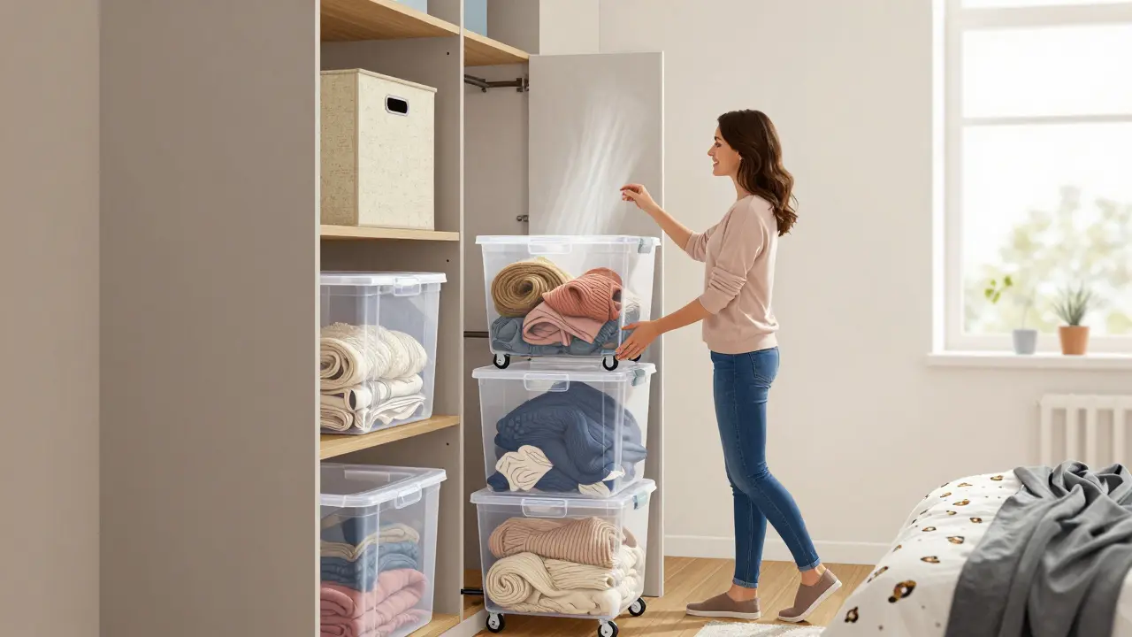 Žena v šatníku vysouvá kolačkový úložný box s přikrývkami, textilní krabice jsou na horní polici.