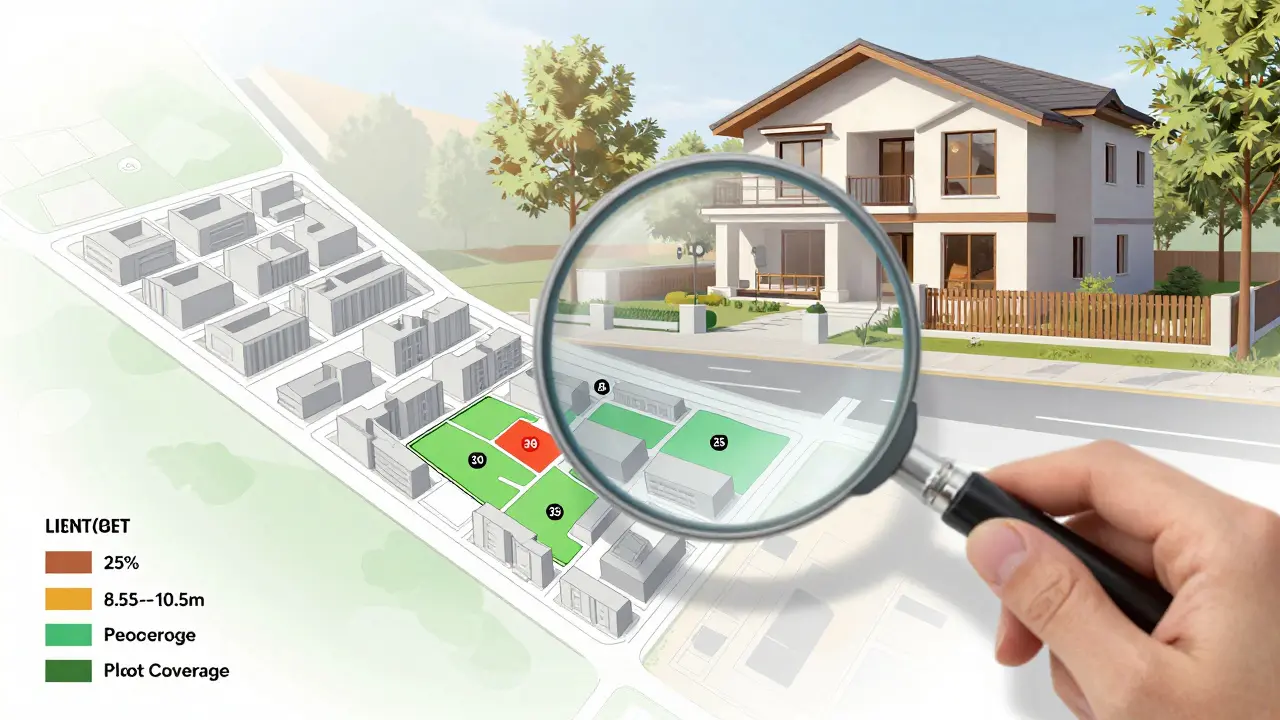 Zvětšená část územního plánu s vyznačenými limity výšky, zastavitelnosti a zeleně.