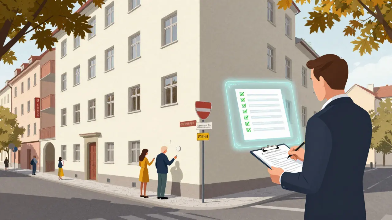 Bytový dům v Praze s obyvateli podepisujícími souhlas pro změnu fasády, úředník s AI rozhraním na obrazovce.