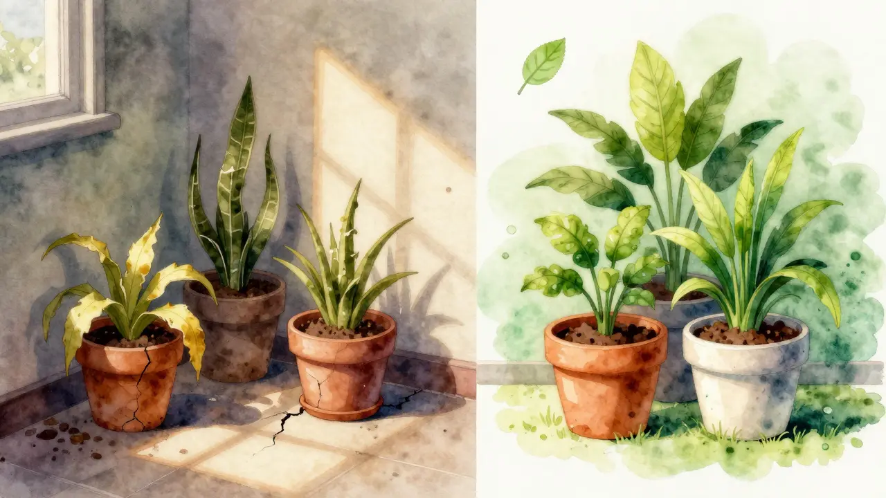 Contrasting before-and-after scene: neglected plants on left, vibrant thriving plants on right in same room.