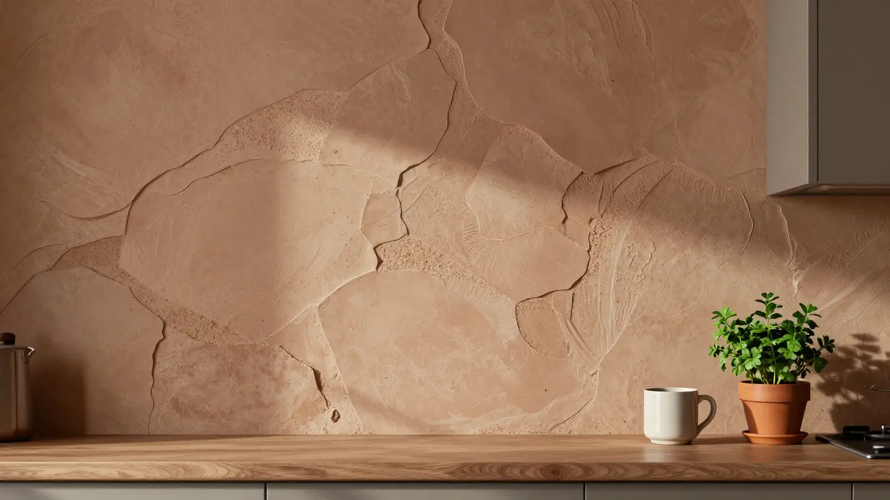 Dekorativní omítka s přírodní texturou v kuchyni s keramickou šálkem a bylinkou.