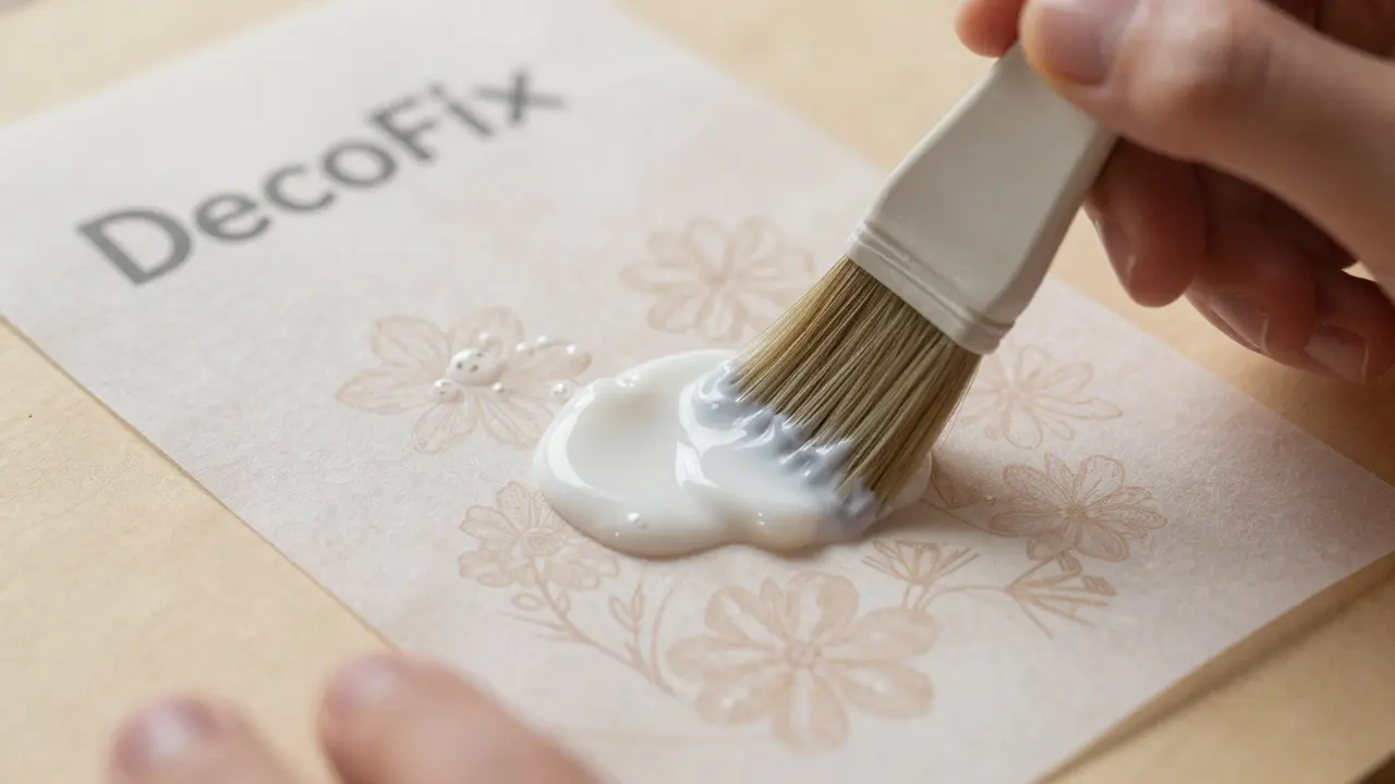 Detail aplikace lepidla DecoFix na ubrouskovou dekoraci s hladkým povrchem.