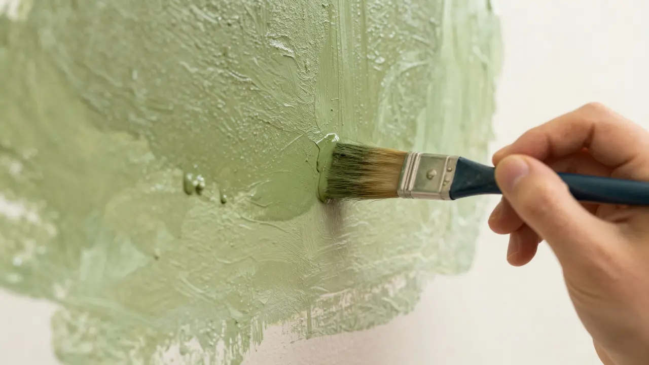 Detail ruky, která jemně promíchává dvě barvy na stěně vlhkým štětcem.
