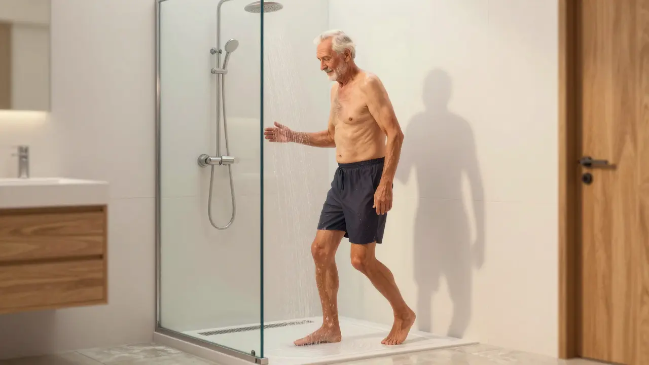 Elderly man stepping safely into a zero-threshold shower, emphasizing independence and accessibility.