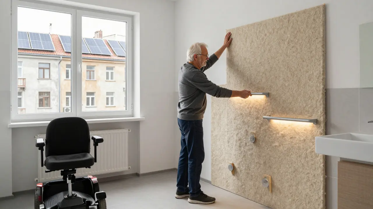 Elderly person adjusting modular wall to create accessible ramp in apartment.