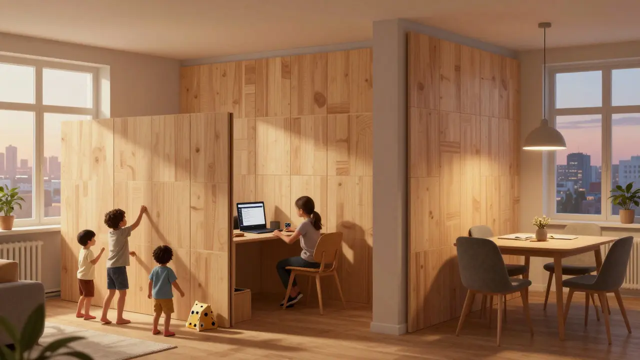 Family transforming living space using movable modular walls throughout the day.