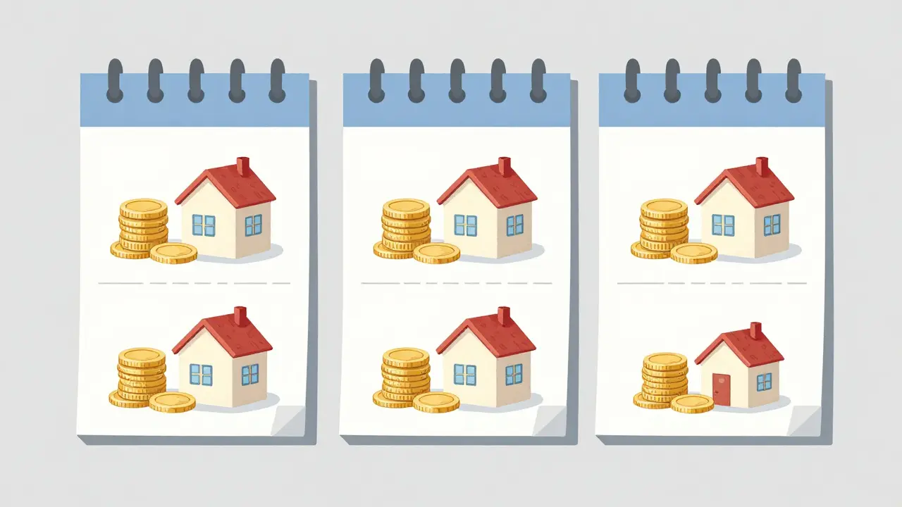 Kalendář s rostoucími kopečky mincí u domu