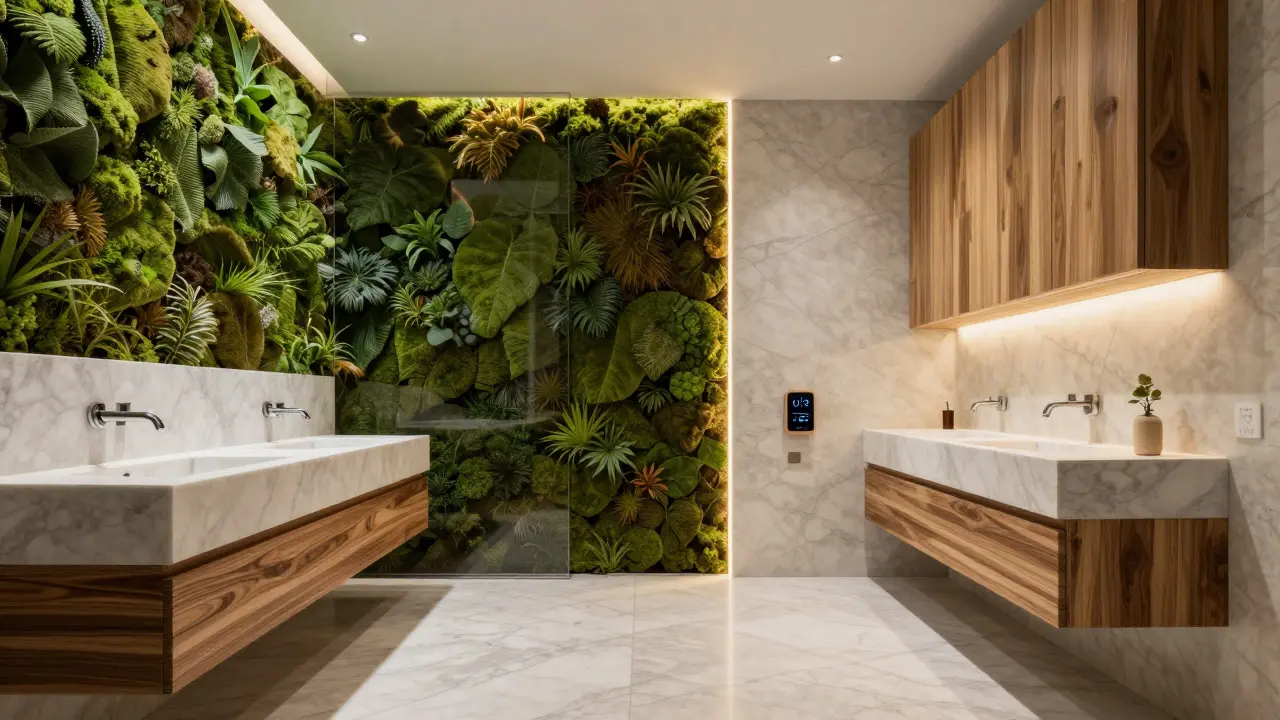 Moderní koupelna s chytrými armaturami, živými rostlinami a přírodními materiály.