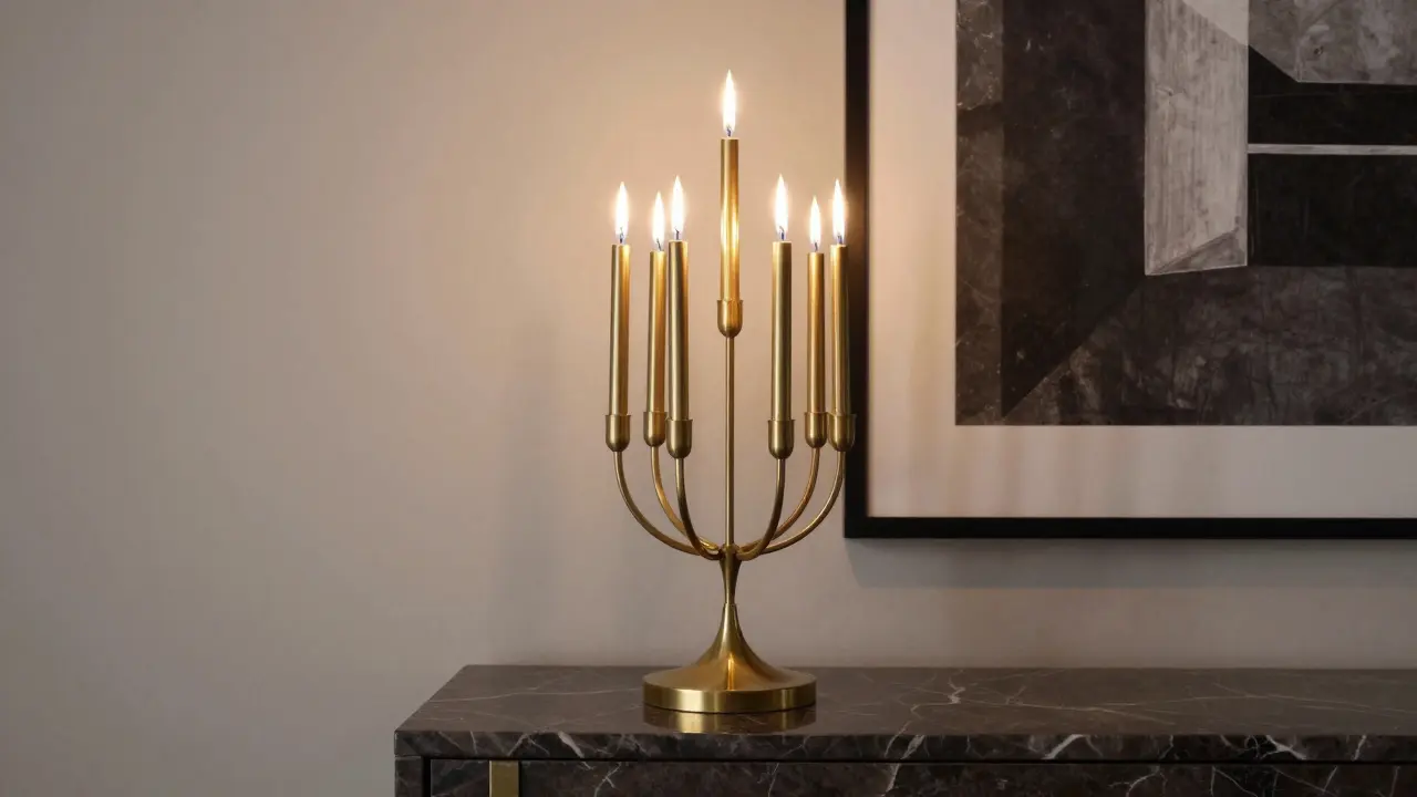 Moderní mosazný svícen s jedenácti plameny na mramorové konzoli v luxusním interiéru.