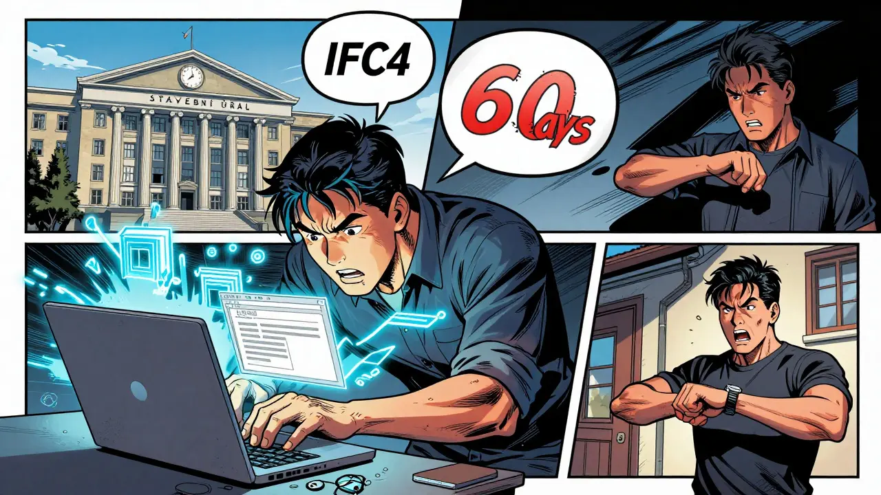 Návrhář opravuje chybný IFC4 soubor, zatímco stavební úřad sleduje časový limit 60 dní.