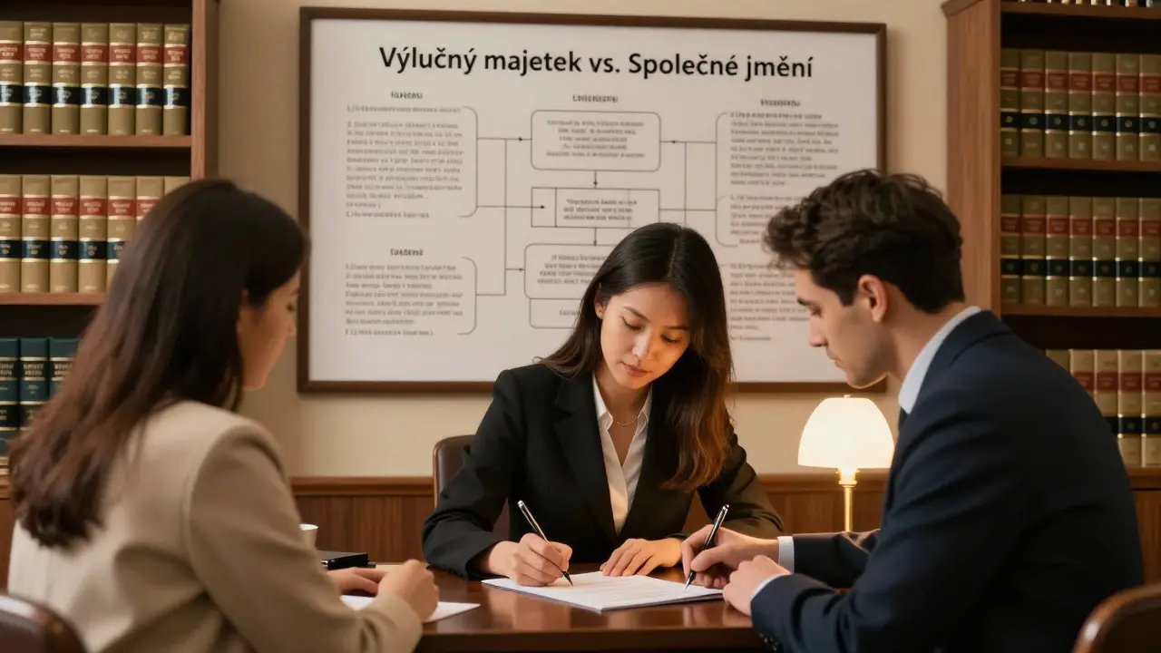 Notář při uzavírání předmanželské smlouvy v kanceláři v Praze.