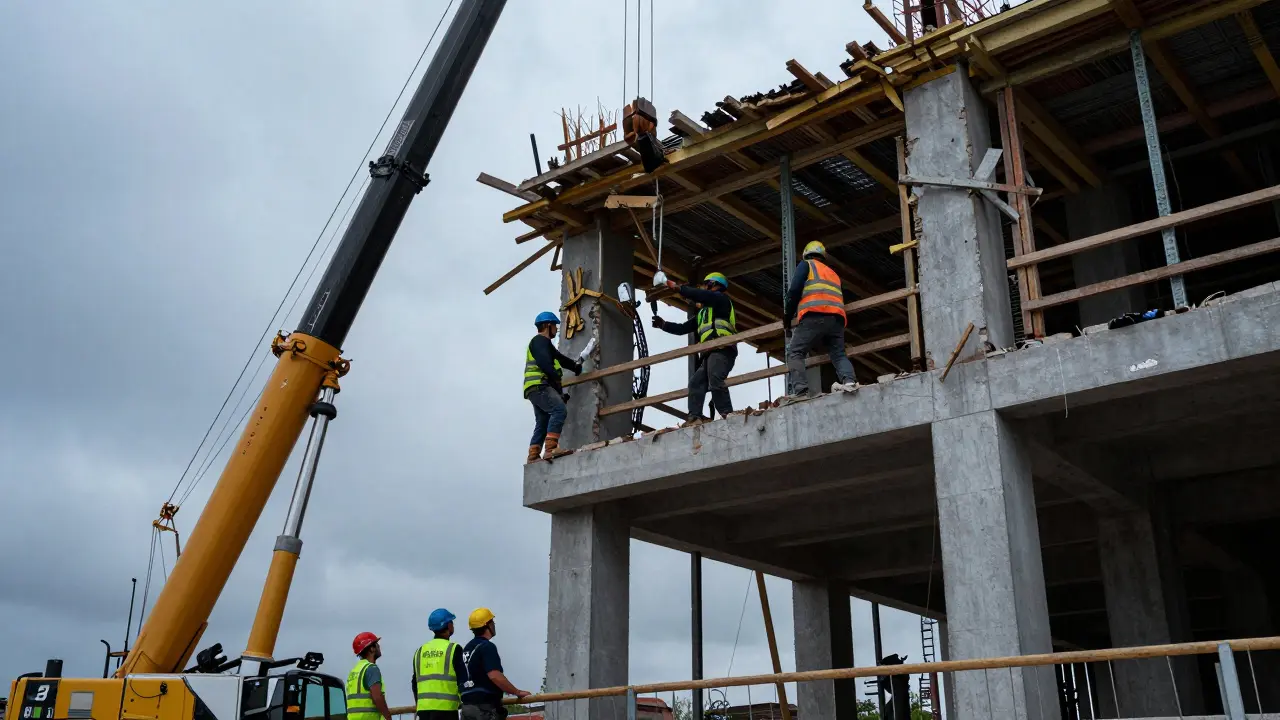 Odstraňování nelegálního balkónu na staveništi