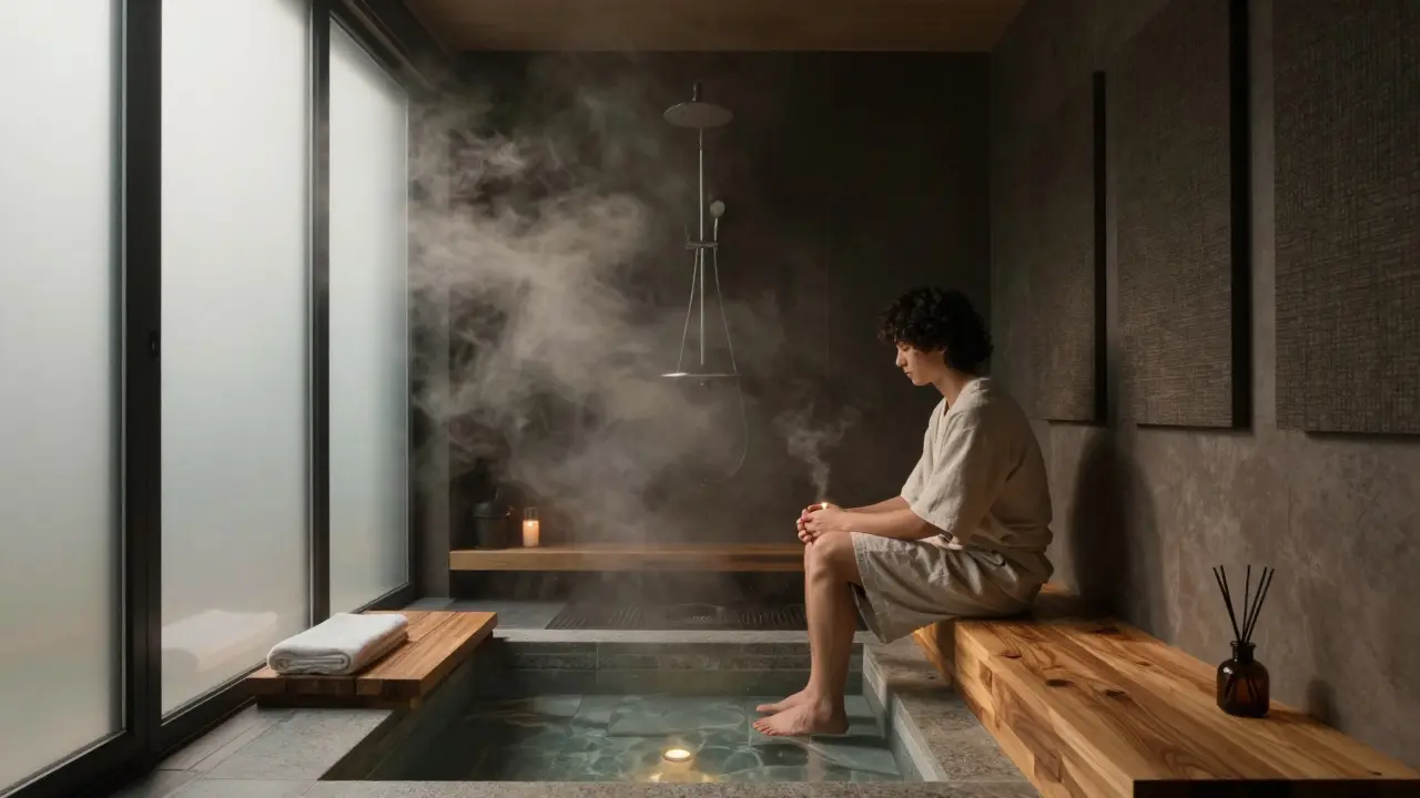 Osoba relaxuje na dřevěném lůžku v koupelně s parní sprchou a jemným světlem.