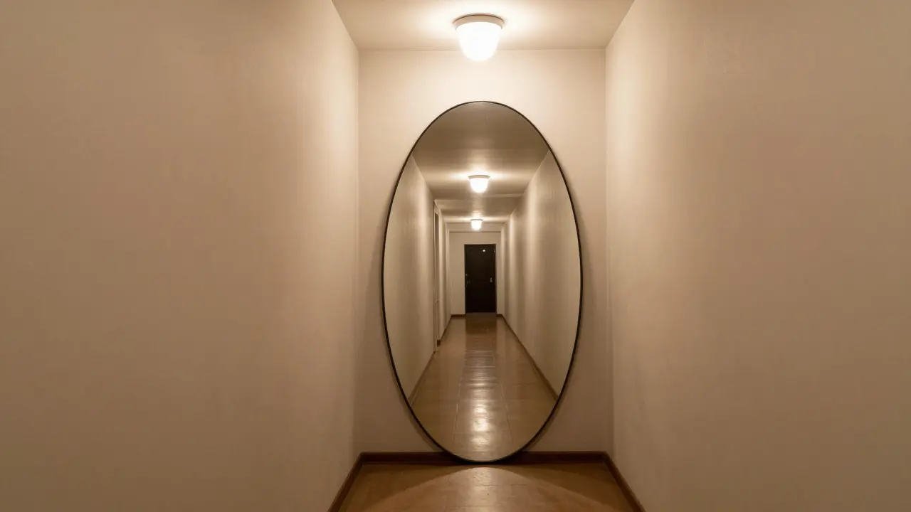 Ovalové zrcadlo v úzké chodbě v panelovém bytě, které násobí vnímanou délku prostoru odrazem světla.