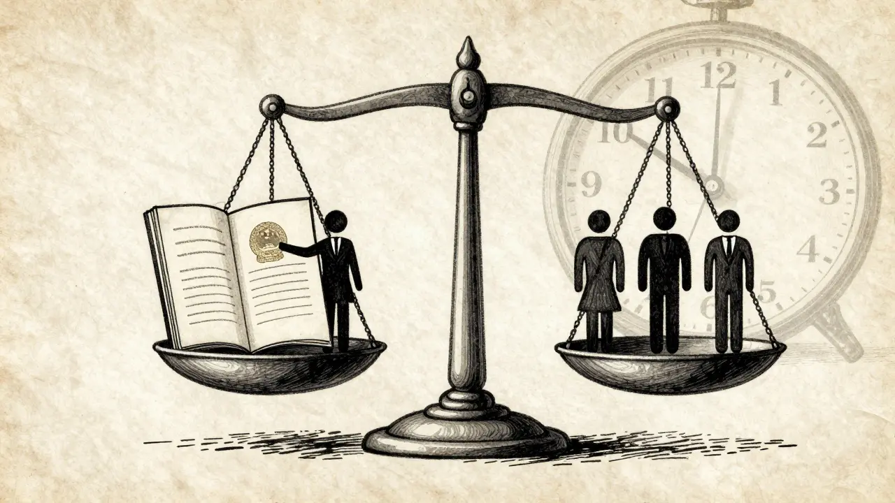 Právní váha s listem o vlastnictví na jedné straně a třemi oddělenými postavami na druhé, s hodinami ukazujícími šest měsíců v pozadí.