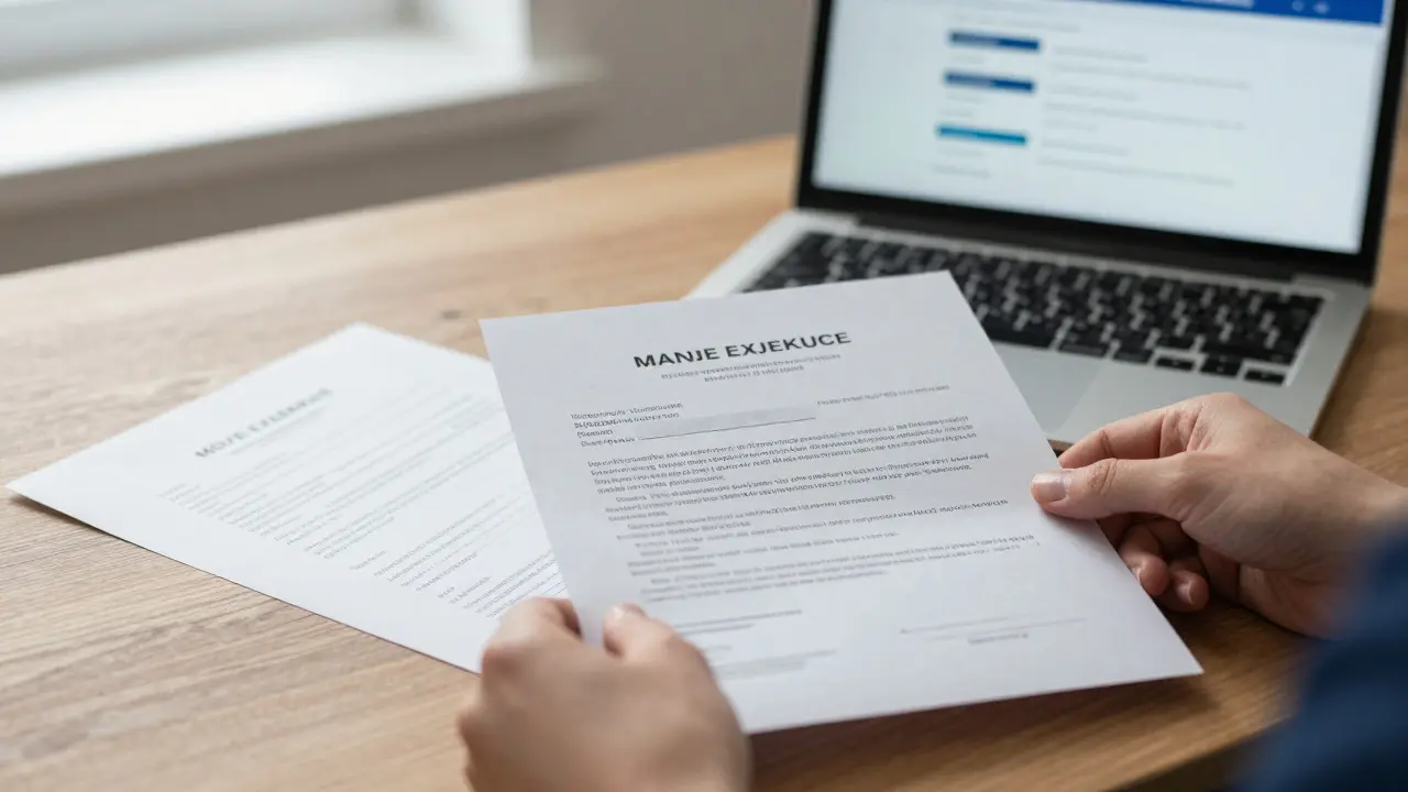 Ruce klade původní dokumenty na stůl, za pozadím je zasvícený portál Moje exekuce.