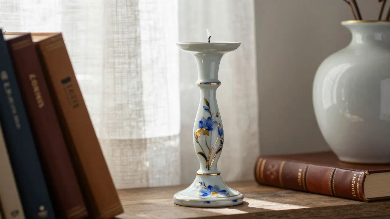 Ručně kreslený porcelánový svícen s květinovým motivem na knižní polici.