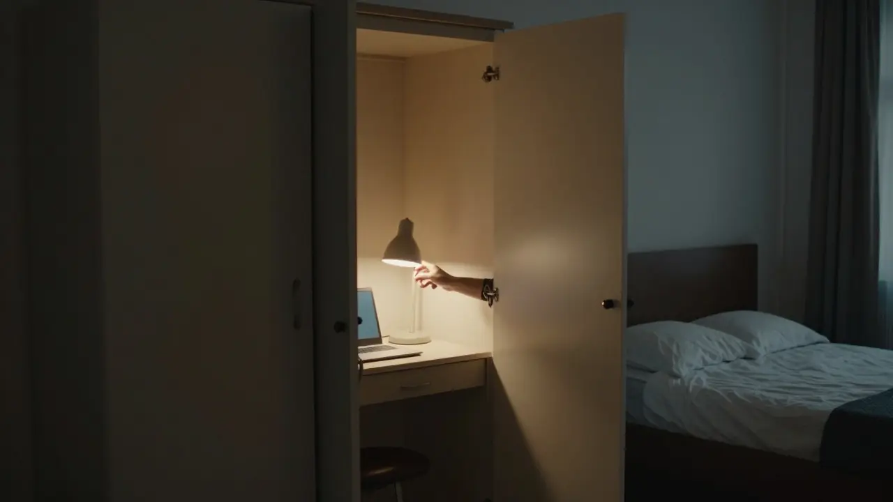 Skrytý pracovní stůl ve šatníku, otevřené dveře, ruka vypíná lampu, večerní osvětlení, klidná ložnice v pozadí.