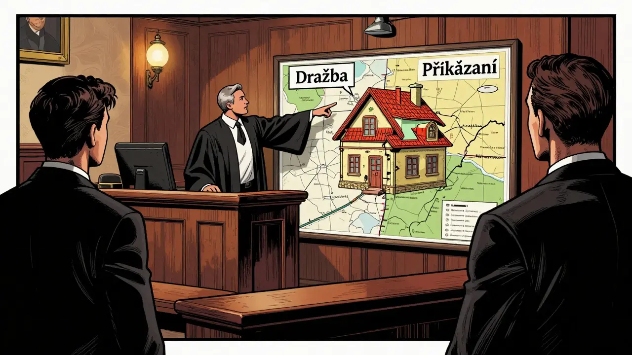 Soudní sál v Praze s soudcem ukazujícím na mapu domu, zatímco stíny pozorují, symbolizující tři možnosti řešení spoluvlastnictví.
