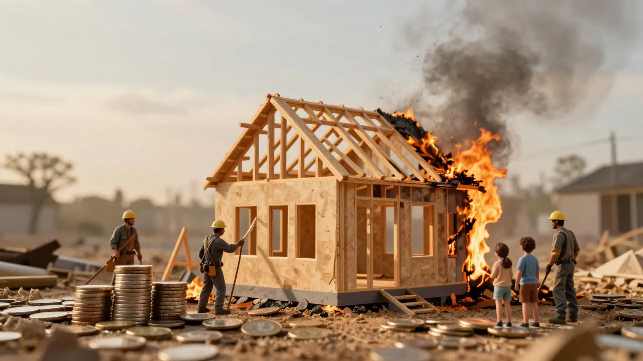 Stavba domu po požáru s vyváženou váhou mincí