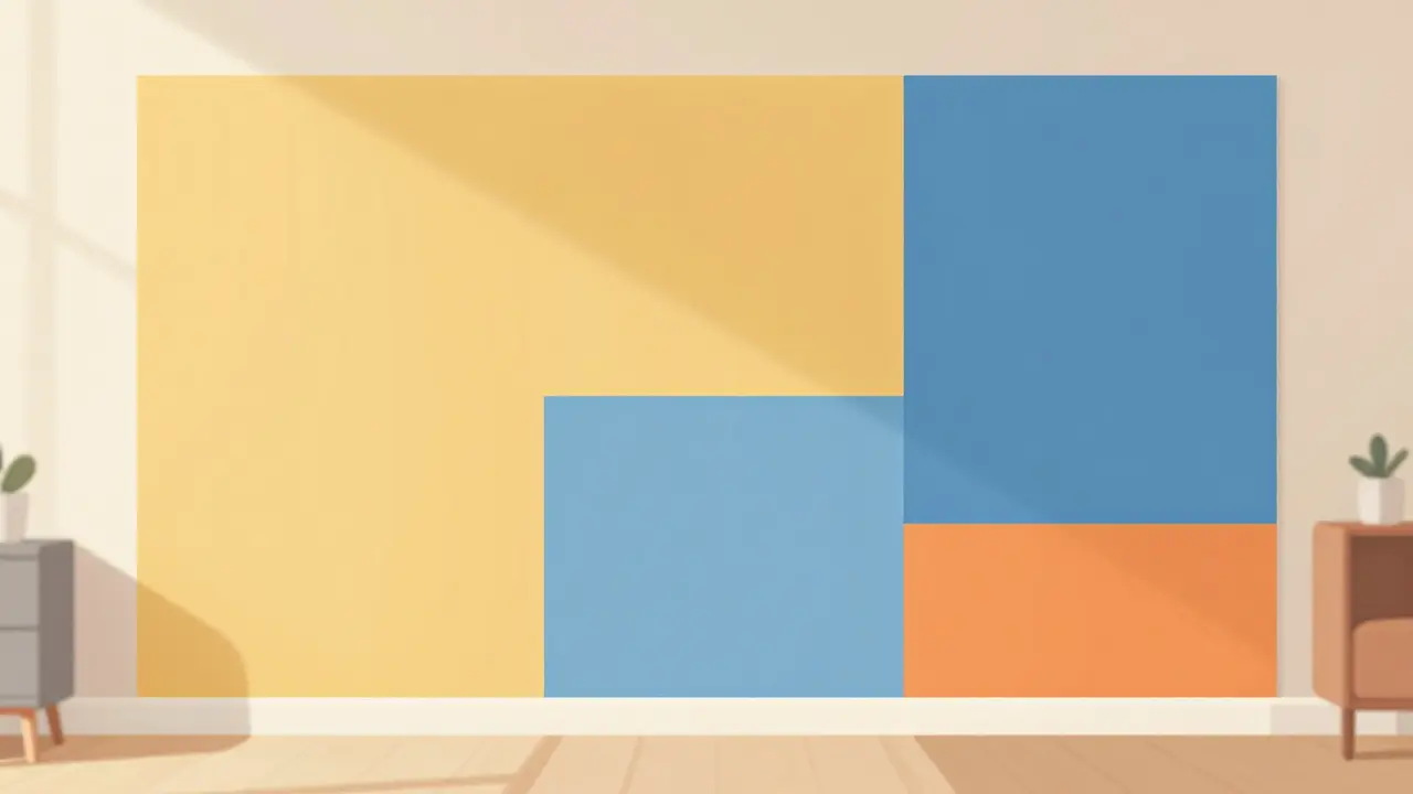 Stěna s barevnou harmonií 60-30-10: žlutá, modrá a oranžová akcenty.