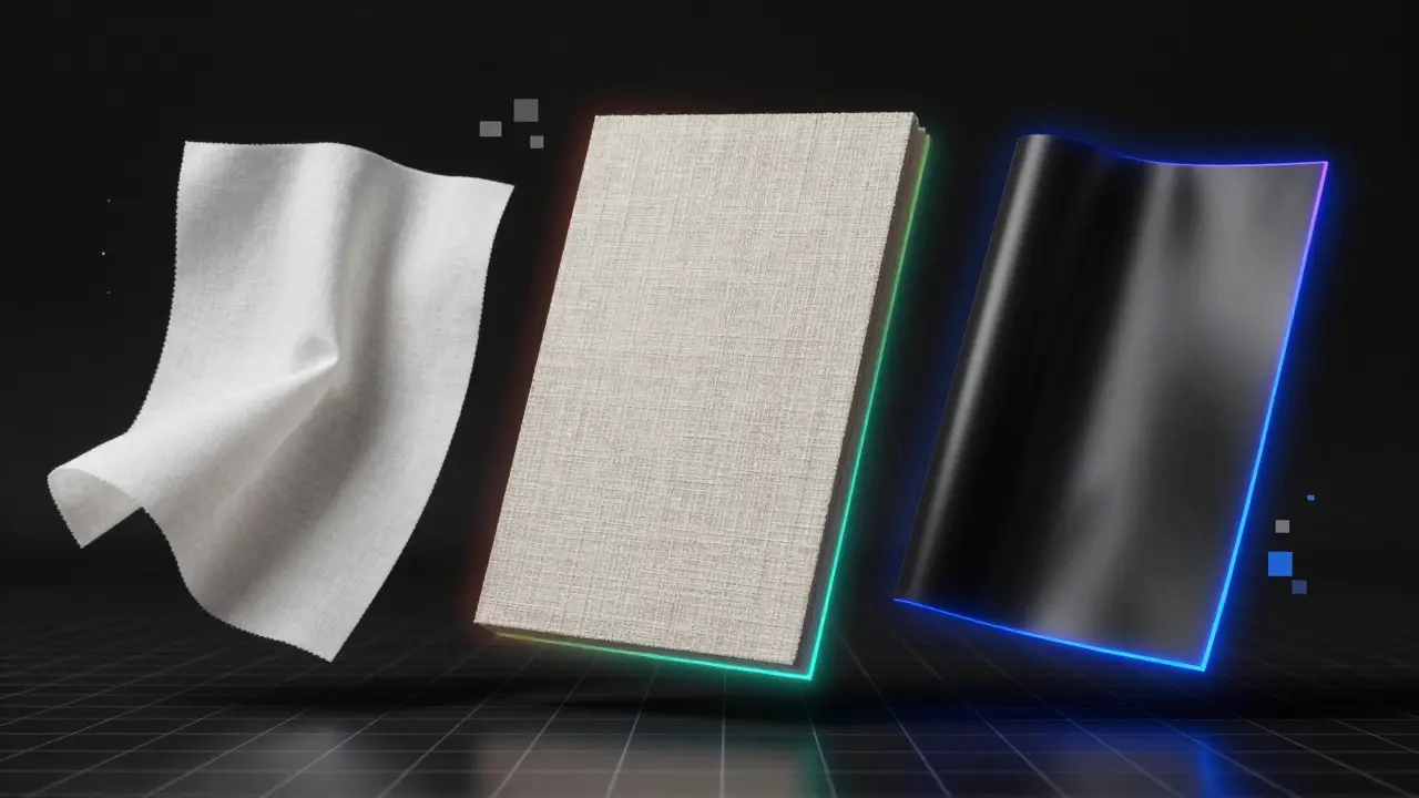 Three types of custom wallpaper materials floating with color profiles and digital grids, symbolizing personalization.