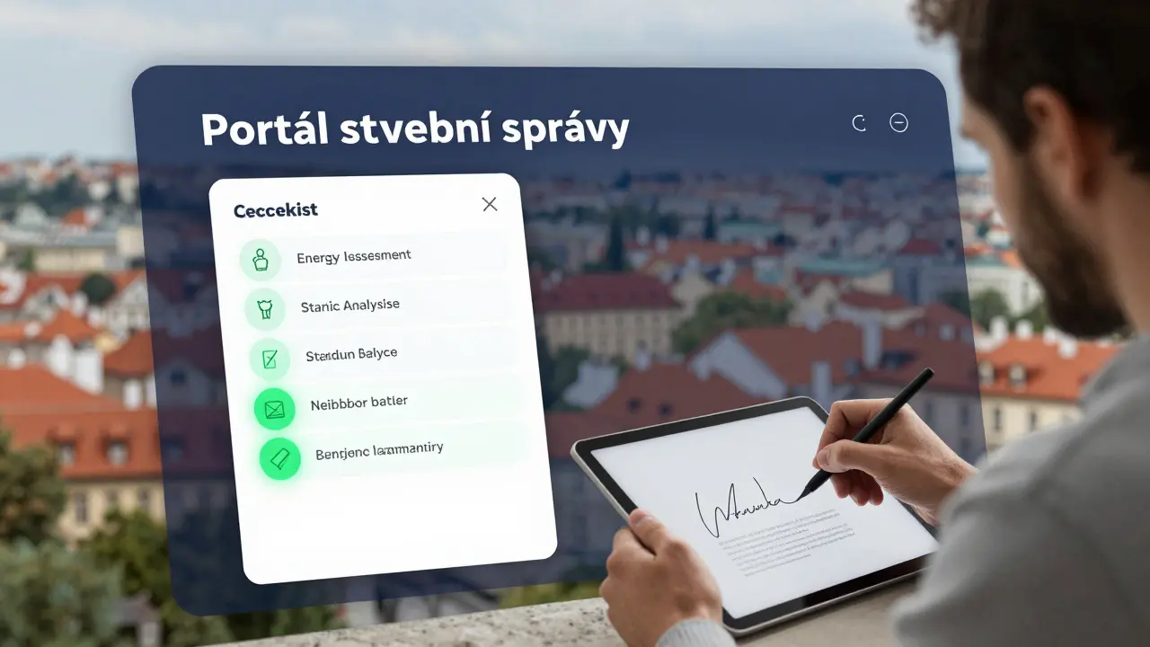Uživatel podává elektronickou žádost o rekonstrukci bytu na portálu stavební správy s kompletní dokumentací.