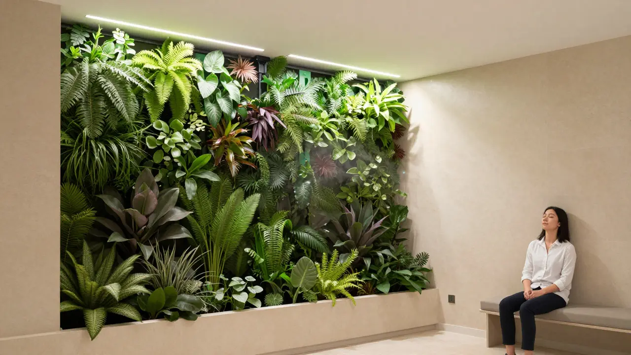 Vertikální zelená stěna s rostlinami a integrovaným osvětlením v moderním bytě.