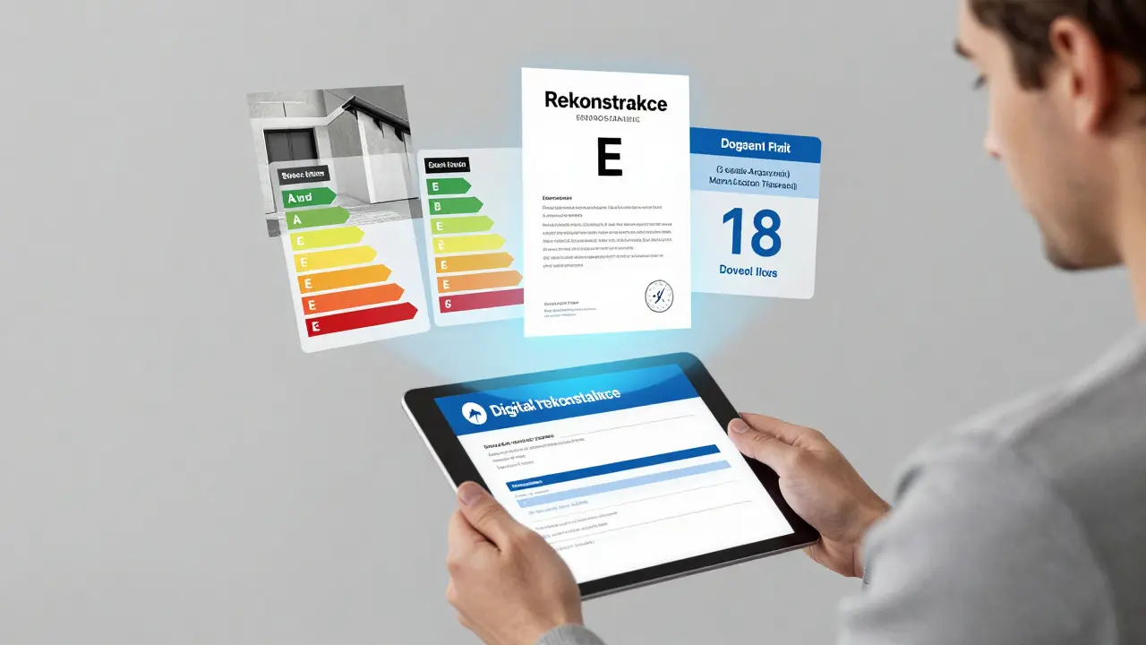 Vlastník odesílá elektronickou žádost o rekonstrukci bytu s vizualizací dokumentů a kontrolních bodů na obrazovce tabletu.