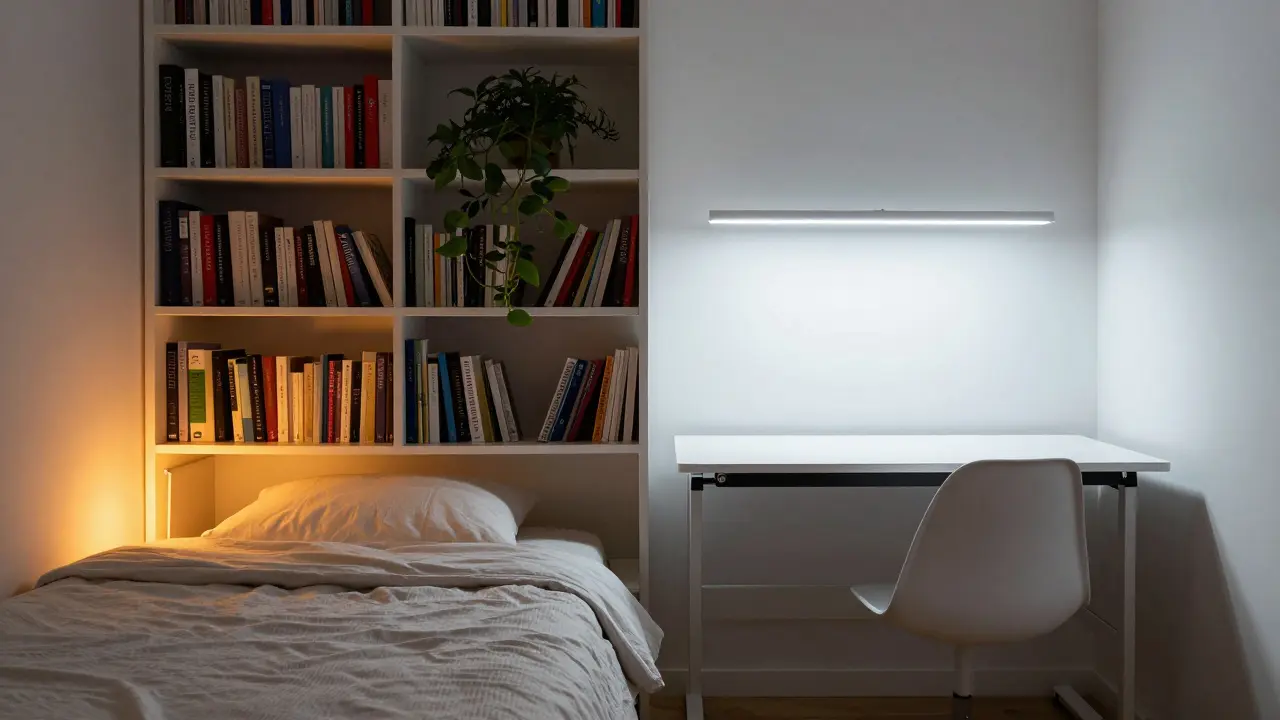 Vysoká policová přepážka odděluje ložnici od pracovní zóny, teplé a studené světlo, klidná atmosféra.