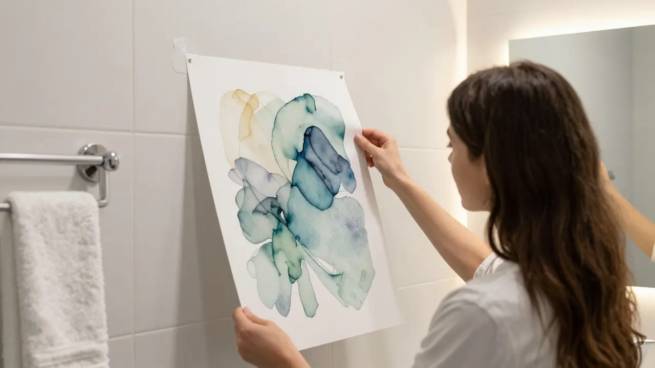 Woman installing a water-resistant custom wall panel in a bathroom with abstract watercolor design.