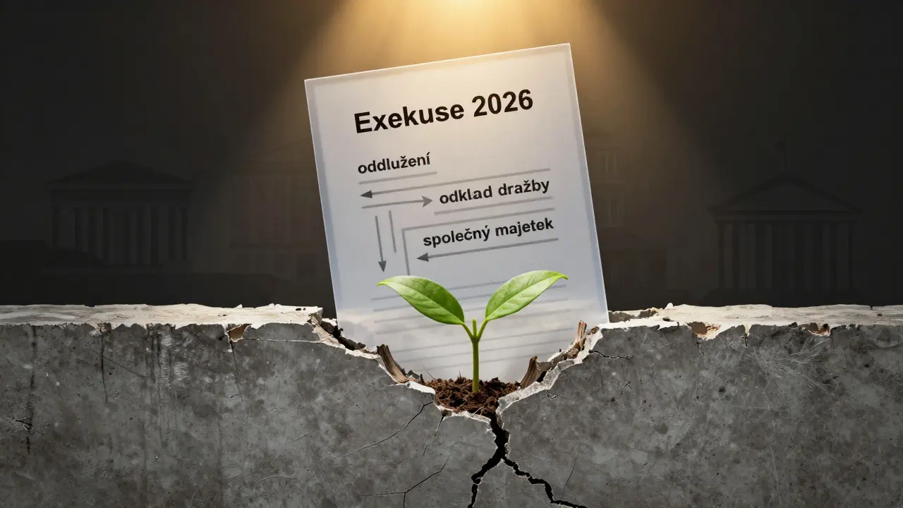 Zlomená zeď s rostlinou, symbolizující odolnost, s cestami k ochraně bytu.