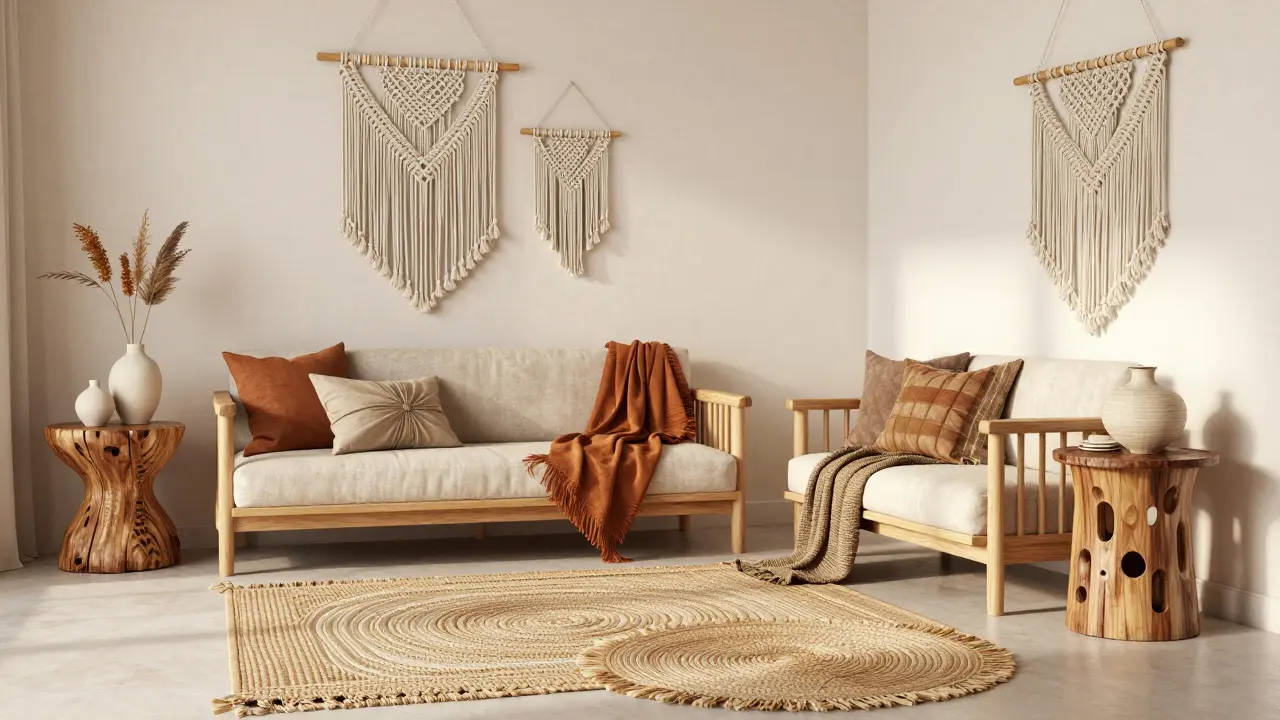 Boho styl s lehkým dřevem, tkanými koberci a přírodními dekoracemi.